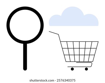 Simplified magnifying glass beside a shopping cart under a blue cloud. Ideal for e-commerce, online shopping, digital marketing, cloud computing, and SEO. Flat minimalist design in black and blue