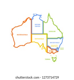 Simplified map of Australia divided into states and territories. Multicolored outline flat vector map.