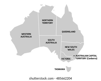 Simplified Map Of Australia Divided Into States And Territories. Grey Flat Map With White Borders And Black Labels.