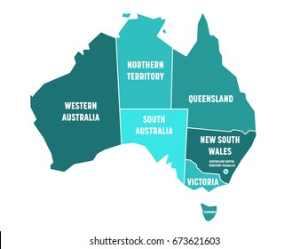 Simplified Map Of Australia Divided Into States And Territories. Turquoise Blue Flat Map With White Borders And White Labels. Vector Illustration.