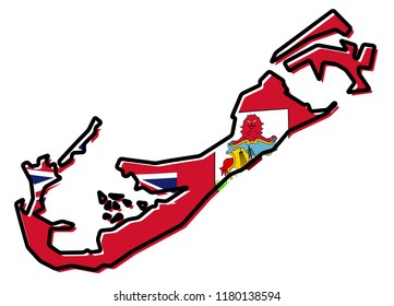 Simplified map of Bermuda outline, with slightly bent flag under it.
