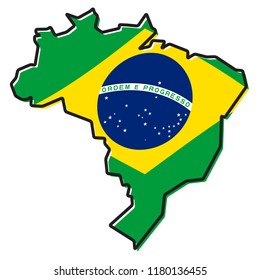 Simplified map of Brazil outline, with slightly bent flag under it.