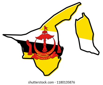 Simplified map of Brunei outline, with slightly bent flag under it.