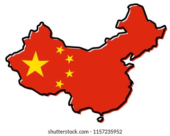 Simplified map of China outline, with slightly bent flag (yellow stars on red field) under it.