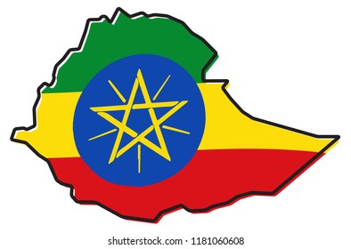 Simplified map of Ethiopia outline, with slightly bent flag under it.