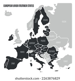 Simplified map of EU, European Union. Rounded shapes of states with smoothed border. Black simple flat vector map.