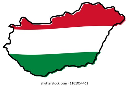 Simplified map of Hungary outline, with slightly bent flag under it.