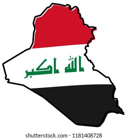 Simplified map of Iraq outline, with slightly bent flag under it.