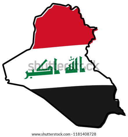 Simplified map of Iraq outline, with slightly bent flag under it.