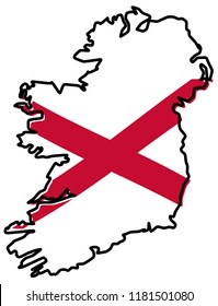 Simplified map of Ireland (whole island, including British northern part) outline, with slightly bent St Patrick flag under it.