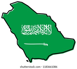 Simplified map - Kingdom of Saudi Arabia (KSA) outline, with slightly bent flag under it.