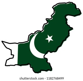 Simplified map of Pakistan outline, with slightly bent flag under it.