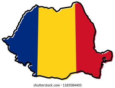 Simplified map of Romania outline, with slightly bent flag under it.
