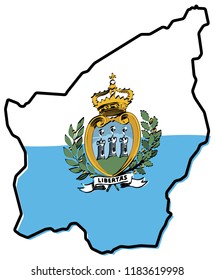 Simplified map of San Marino outline, with slightly bent flag under it.