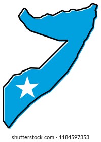 Simplified map of Somalia outline, with slightly bent flag under it.