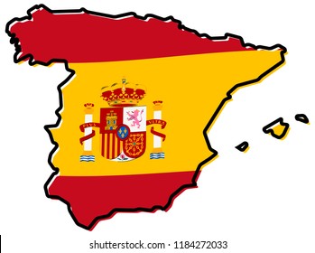 Simplified map of Spain outline, with slightly bent flag under it.