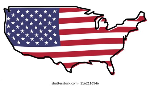 Simplified map - United states of America outline, with slightly bent American flag under it.