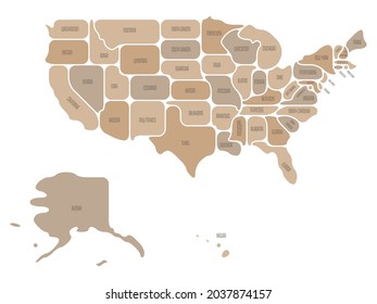 Simplified map of USA, United States of America. Rounded shapes of states with smooth border. Simple flat vector map with state name labels