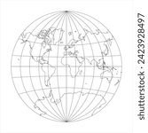 Simplified Map of World in the circle focused on Europe and Africa. Latitude and longitude grid. Van der Grinten projection. Thin black line wireframe vector illustration