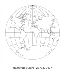 Mapa simplificado del mundo en el círculo centrado en Europa y África. Cuadrícula de latitud y longitud. Proyección Van der Grinten. Ilustración vectorial de malla delgada de línea negra