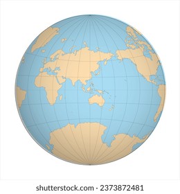 Simplified Map of World in the circle focused on Asia and Australia. Latitude and longitude grid. Van der Grinten projection. Thin black line wireframe vector illustration