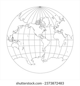 Simplified Map of World in the circle focused on Americas. Latitude and longitude grid. Van der Grinten projection. Thin black line wireframe vector illustration