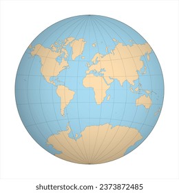 Simplified Map of World in the circle focused on Europe and Africa. Latitude and longitude grid. Van der Grinten projection. Thin black line wireframe vector illustration