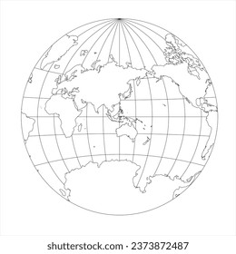 Simplified Map of World in the circle focused on Asia and Australia. Latitude and longitude grid. Van der Grinten projection. Thin black line wireframe vector illustration