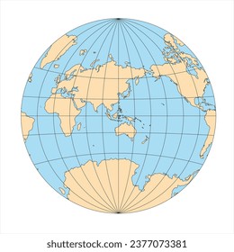 Simplified Map of World in the circle focused on Asia and Australia. Latitude and longitude grid. Van der Grinten projection. Vector illustration