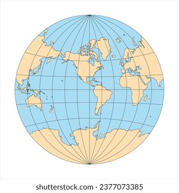 Simplified Map of World in the circle focused on Americas. Latitude and longitude grid. Van der Grinten projection. Vector illustration