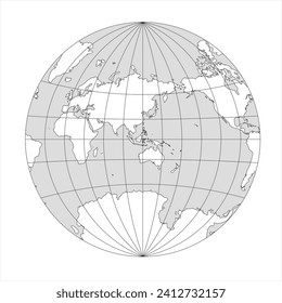 Simplified Map of World in the circle focused on Asia and Australia. Latitude and longitude grid. Van der Grinten projection. Thin black line wireframe vector illustration