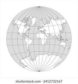 Simplified Map of World in the circle focused on Europe and Africa. Latitude and longitude grid. Van der Grinten projection. Thin black line wireframe vector illustration