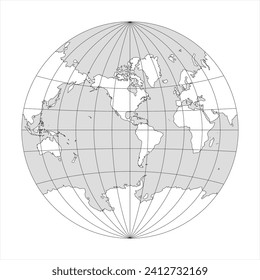 Simplified Map of World in the circle focused on Americas. Latitude and longitude grid. Van der Grinten projection. Thin black line wireframe vector illustration