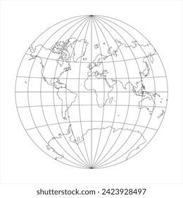 Mapa simplificado del mundo en el círculo centrado en Europa y África. Cuadrícula de latitud y longitud. Proyección Van der Grinten. Ilustración vectorial de malla delgada de línea negra