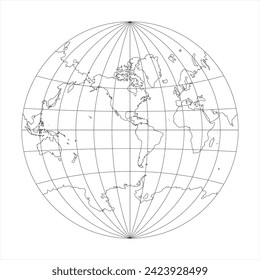 Simplified Map of World in the circle focused on Americas. Latitude and longitude grid. Van der Grinten projection. Thin black line wireframe vector illustration