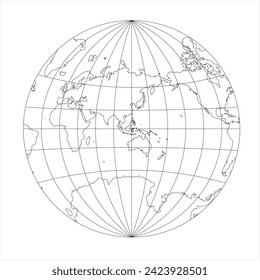 Simplified Map of World in the circle focused on Asia and Australia. Latitude and longitude grid. Van der Grinten projection. Thin black line wireframe vector illustration