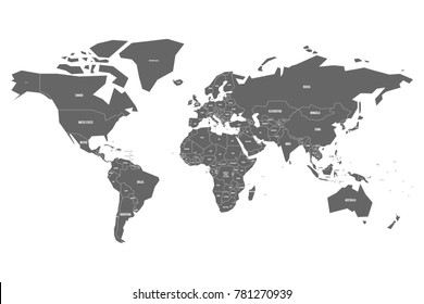 Simplified map of World in grey with country name labeling. Schematic vector map with small states or ministates.