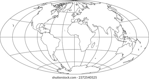 Simplified Map of World with latitude and longitude grid. Aitoff projection. White land with black stroke. Vector illustration.