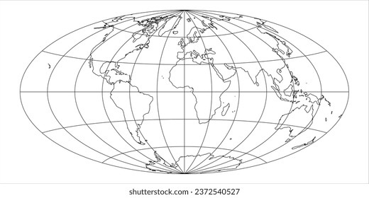 Mapa simplificado del mundo con rejilla de latitud y longitud. Proyección de Aitoff. Tierra blanca con golpe negro. Ilustración vectorial.