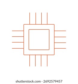 Simplified microchip icon with central core and outward connector pins. Ideal for electronics, computing, digital systems, and tech-related vector illustrations.
