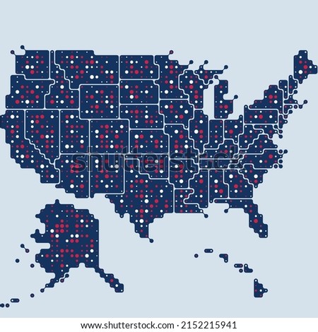 Simplified minimalist flat design style USA map, in colors of the American national flag: white, Old Glory Red, and Old Glory Blue, made of shapes with rounded corners and circles of multiple sizes.