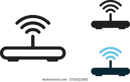 Ícones de modem simplificados com uma única antena e barras de sinal. Variações de cores preto e azul para design de interface. Símbolos minimalistas de equipamento de telecomunicações.