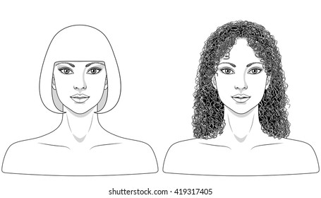 Simplified  monochrome image of women with different hairstyles.  Black and white elements for coloring. Template for makeup, tattoo design  and jewelry. 