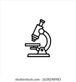 A simplified monochrome line icon of a laboratory microscope. Represents science, research, and discovery. Isolated on a white background.