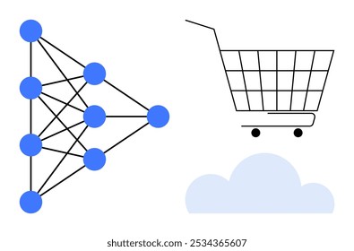 Rede neural simplificada com nós azuis ao lado de um símbolo de carrinho de compras acima de uma nuvem. Ideal para aprendizagem de máquina, inteligência artificial, e-commerce, computação em nuvem, ciência de dados. Minimalista