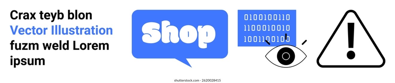 Simplified online shopping with chat bubble, binary code, surveillance, and warning. Ideal for e-commerce, cybersecurity, online shopping, digital communication, online safety. Banner landing
