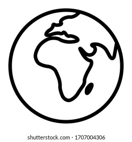 Simplified outline Earth globe with map of World focused on Africa. Vector illustration.