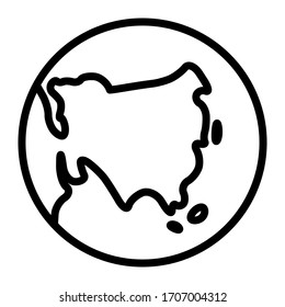 Simplified outline Earth globe with map of World focused on Asia. Vector illustration.