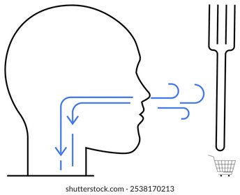 Simplified outline of a human head with arrows showing airflow and digestion pathways. To the right, a fork and a shopping cart are visible. Ideal for medical education, respiratory system, digestive