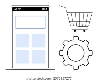 Simplified outline of a smartphone with a shopping cart and a settings gear. Ideal for mobile apps, e-commerce, online shopping, tech configuration, and user interface settings. Minimalist design